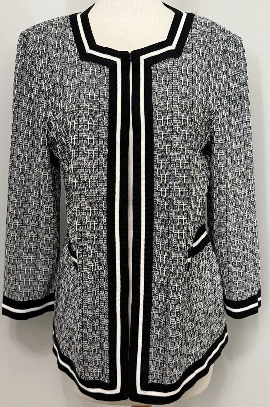 MISOOK Knit Jacket Black White Trim Open Front Hook Eye Mod Office MEDIUM M